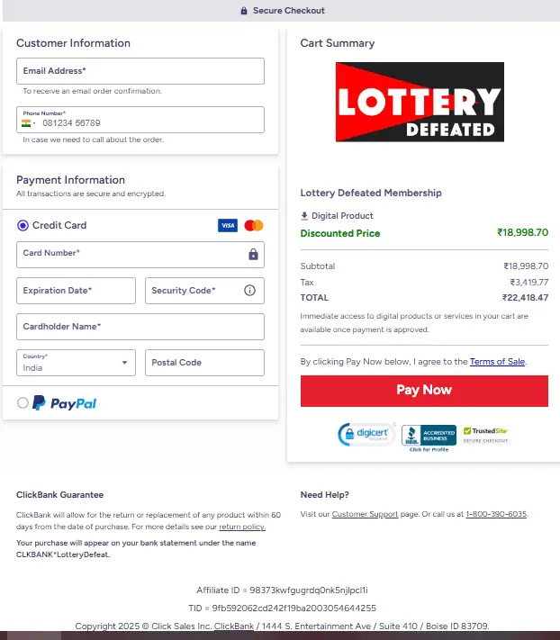 LOTTERY DEFEATED checkout page